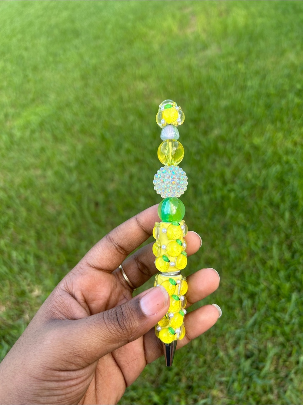 Handmade Fresh Lemon Beaded Pen | Custom Citrus Sparkle Pen